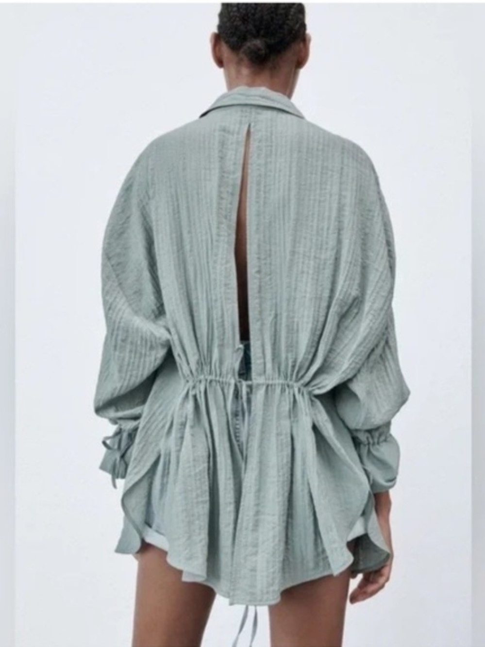 ZARA Sage Green Button-Front Shirt Tunic Blouse Open Back